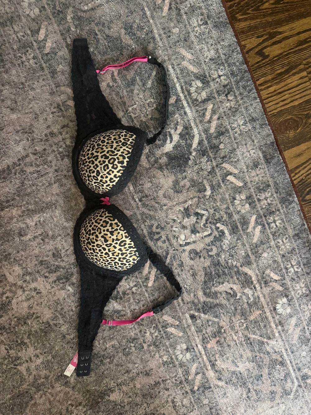 Victoria's Secret Leopard Push-Up Bra with Black Lace and Pink Straps